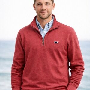Vineyard Vines Mens Quarter Zip Pullover Medium Red Ribbed Saltwater Preppy Ivy